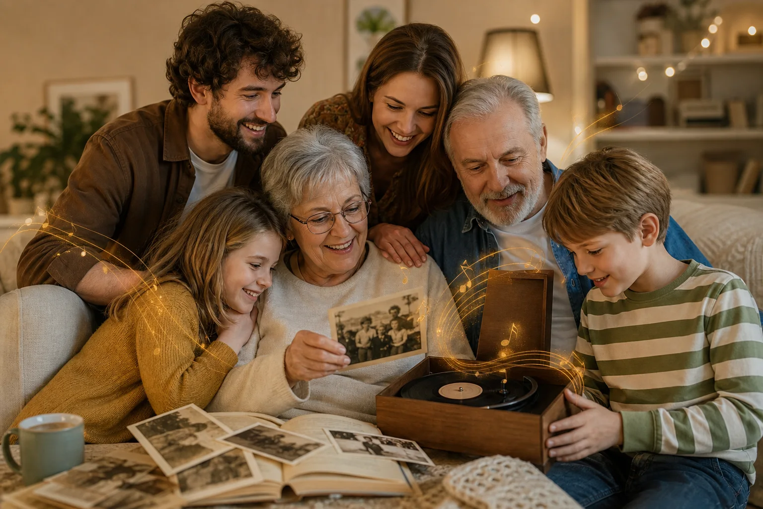 A family shares memories around a personalized music gift