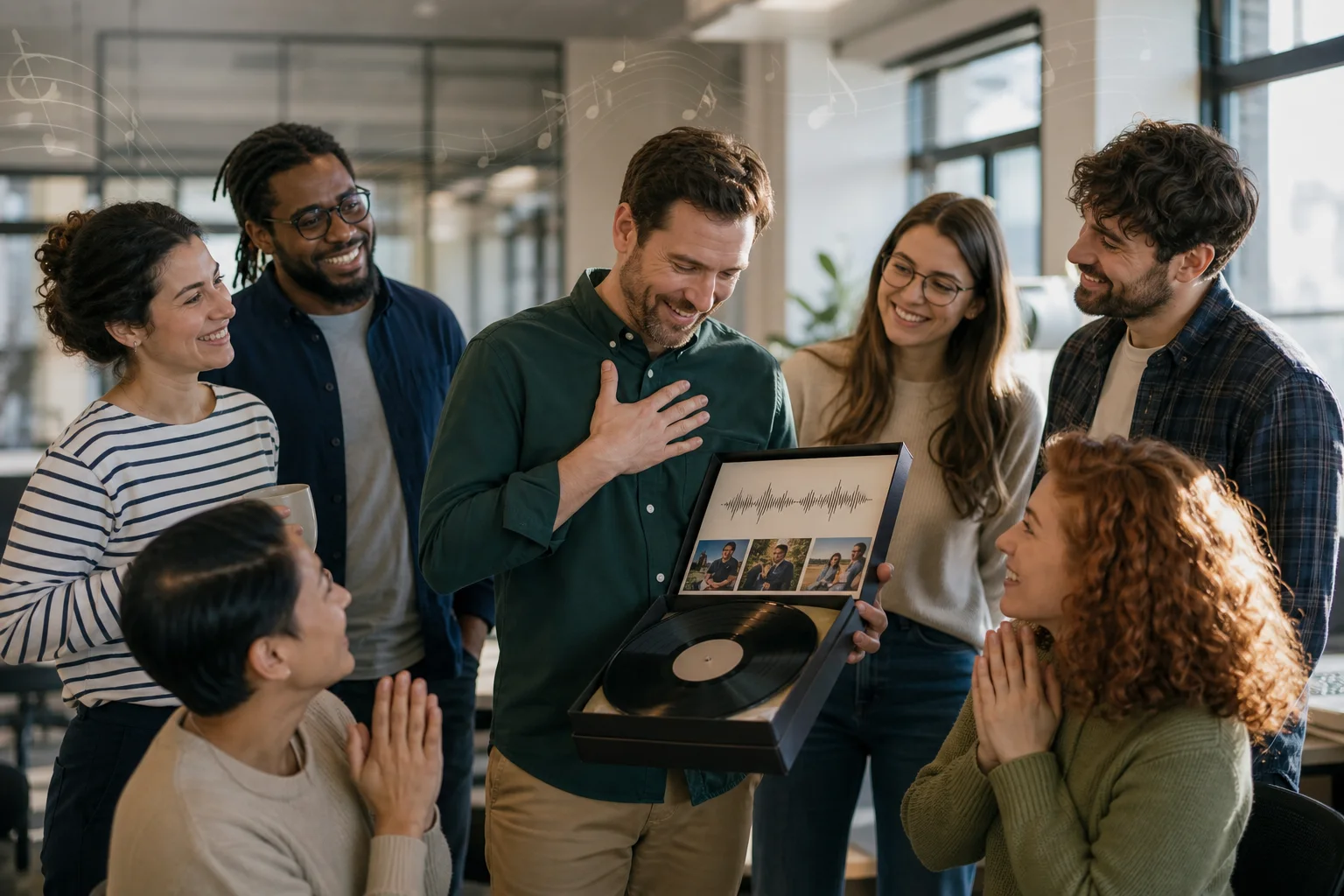 Des collègues offrent une chanson personnalisée pendant un pot de départ