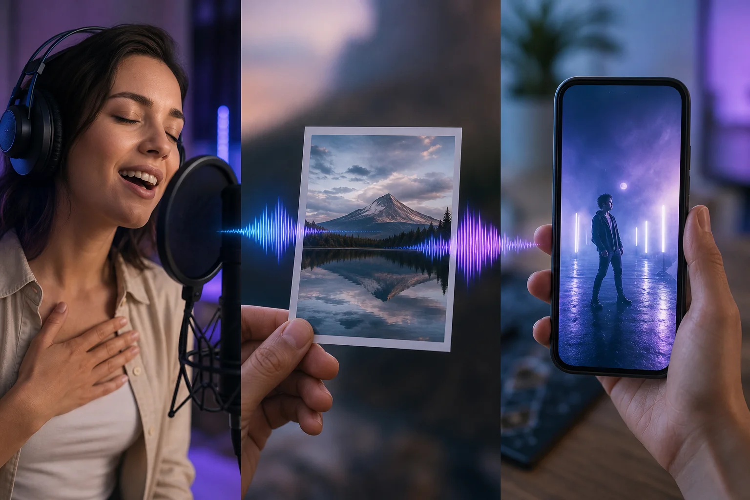 Illustration éditoriale pour « Photo qui chante, image en musique ou clip IA : quelle fonction choisir ? »